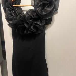 Honeyme Black Mini Dress with Ruffled Neckline